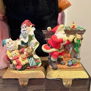 Set of 2 Vintage Heavy Cast Iron Christmas Stocking Mantel Hook Holders Santa